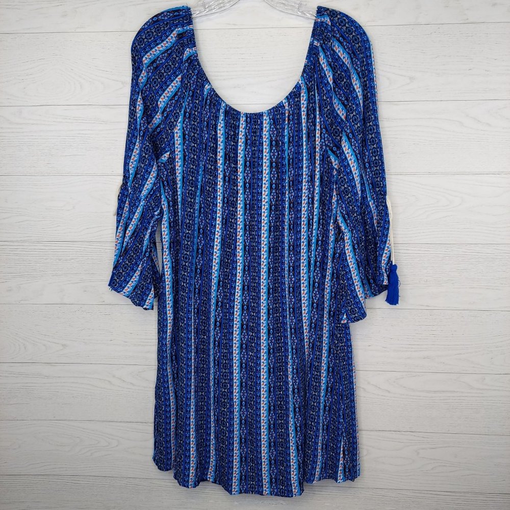 AS U WISH Boho Mini Dress XL Blue 3/4 Sleeve Aztech Tassels